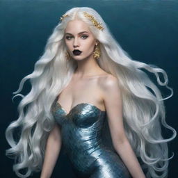 An image in a non-realistic art style of a mermaid with long white hair, pale bluish skin, wearing black lipstick and gold hoop earrings. Her tail is white, set at the bottom of the ocean.