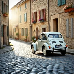 A classic scene depicting a Citroën 2CV parked on a charming cobblestone street in a quaint French village