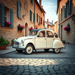 A classic scene depicting a Citroën 2CV parked on a charming cobblestone street in a quaint French village