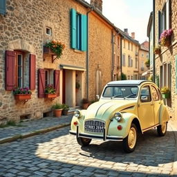 A classic scene depicting a Citroën 2CV parked on a charming cobblestone street in a quaint French village