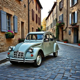 A classic scene depicting a Citroën 2CV parked on a charming cobblestone street in a quaint French village