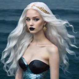 An image in a non-realistic art style of a mermaid with long white hair, pale bluish skin, wearing black lipstick and gold hoop earrings. Her tail is white, set at the bottom of the ocean.