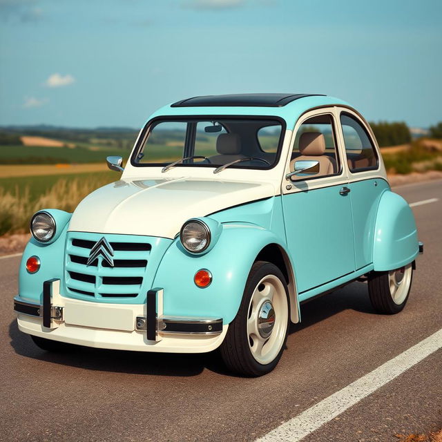 A modern reinterpretation of the classic Citroën 2CV, combining vintage design elements with futuristic features