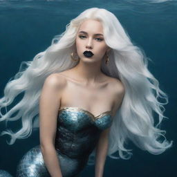 An image in a non-realistic art style of a mermaid with long white hair, pale bluish skin, wearing black lipstick and gold hoop earrings. Her tail is white, set at the bottom of the ocean.