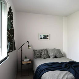 Design a small bedroom decorated in an aesthetically pleasing manner with smart use of space.