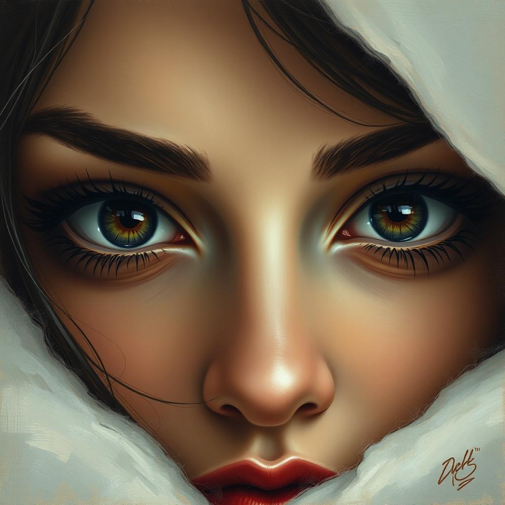 Portrait of two expressive female eyes, captivating and mysterious, with intricate details and a deep gaze