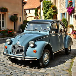 A classic Citroen 2CV captured in a stunning two-tone color scheme