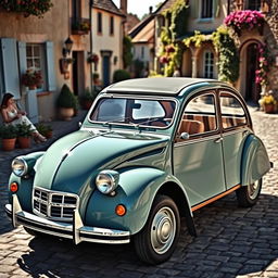 A classic Citroen 2CV captured in a stunning two-tone color scheme