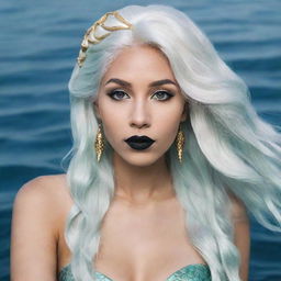 Create an RPG-style, non-realistic icon of a mermaid with long white hair, pale bluish skin, black lipstick, and gold hoop earrings. She has a white tail and resides at the bottom of the ocean.