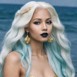 Create an RPG-style, non-realistic icon of a mermaid with long white hair, pale bluish skin, black lipstick, and gold hoop earrings. She has a white tail and resides at the bottom of the ocean.