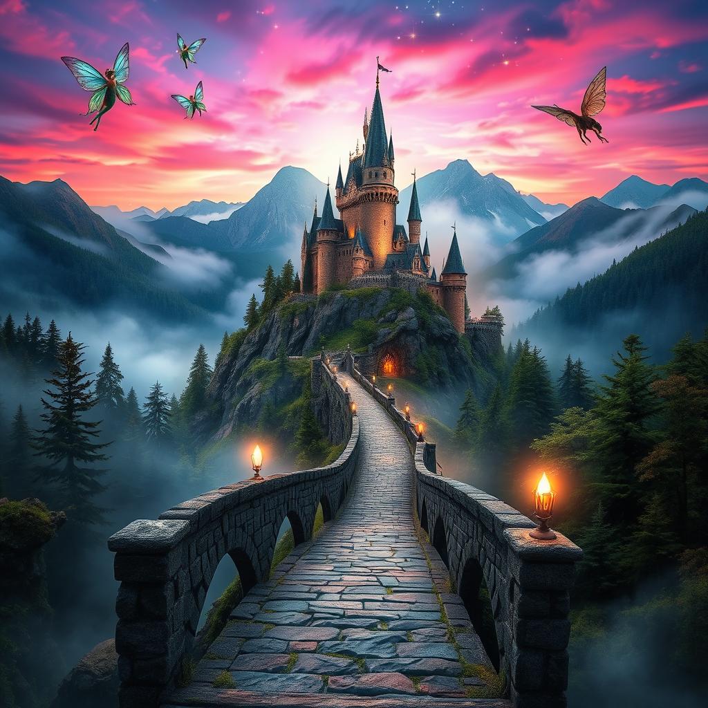 A mystical fantasy scene featuring a majestic castle perched atop a mountain, surrounded by lush forests and swirling mist