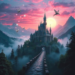 A mystical fantasy scene featuring a majestic castle perched atop a mountain, surrounded by lush forests and swirling mist