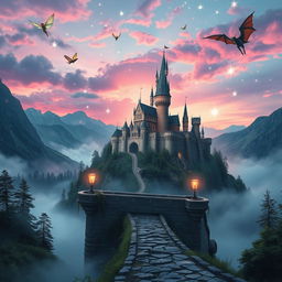 A mystical fantasy scene featuring a majestic castle perched atop a mountain, surrounded by lush forests and swirling mist