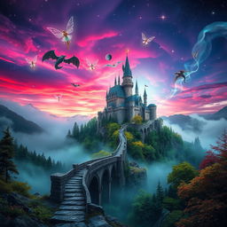 A mystical fantasy scene featuring a majestic castle perched atop a mountain, surrounded by lush forests and swirling mist