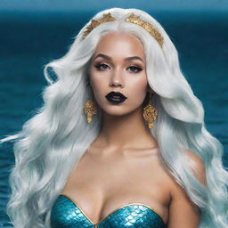 Create an RPG-style, non-realistic icon of a mermaid with long white hair, pale bluish skin, black lipstick, and gold hoop earrings. She has a white tail and resides at the bottom of the ocean.