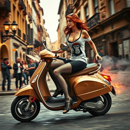 A steampunk scene featuring a woman with long legs, wearing sports leggings and a t-shirt with a monkey logo, riding a Vespa at high speed through an old European city