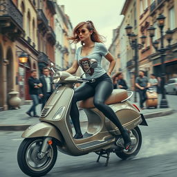 A steampunk scene featuring a woman with long legs, wearing sports leggings and a t-shirt with a monkey logo, riding a Vespa at high speed through an old European city