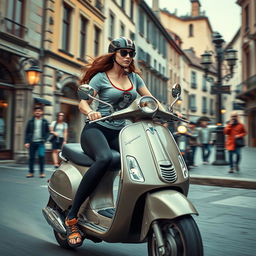 A steampunk scene featuring a woman with long legs, wearing sports leggings and a t-shirt with a monkey logo, riding a Vespa at high speed through an old European city