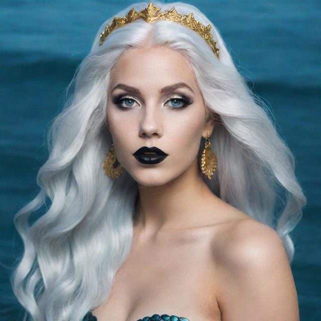 Create an RPG-style, non-realistic icon of a mermaid with long white hair, pale bluish skin, black lipstick, and gold hoop earrings. She has a white tail and resides at the bottom of the ocean.