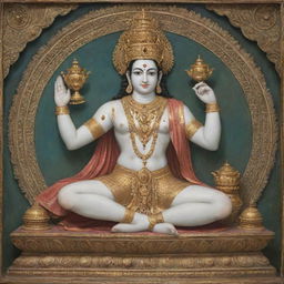 A grand depiction of Lord Vishnu, a central deity in Hinduism. He appears blissful, clad in traditional divine attire, holds the discus and conch shell in two of his four hands, while reclining on the serpentine Adisesha.