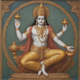 A grand depiction of Lord Vishnu, a central deity in Hinduism. He appears blissful, clad in traditional divine attire, holds the discus and conch shell in two of his four hands, while reclining on the serpentine Adisesha.