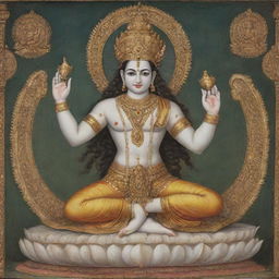 A grand depiction of Lord Vishnu, a central deity in Hinduism. He appears blissful, clad in traditional divine attire, holds the discus and conch shell in two of his four hands, while reclining on the serpentine Adisesha.