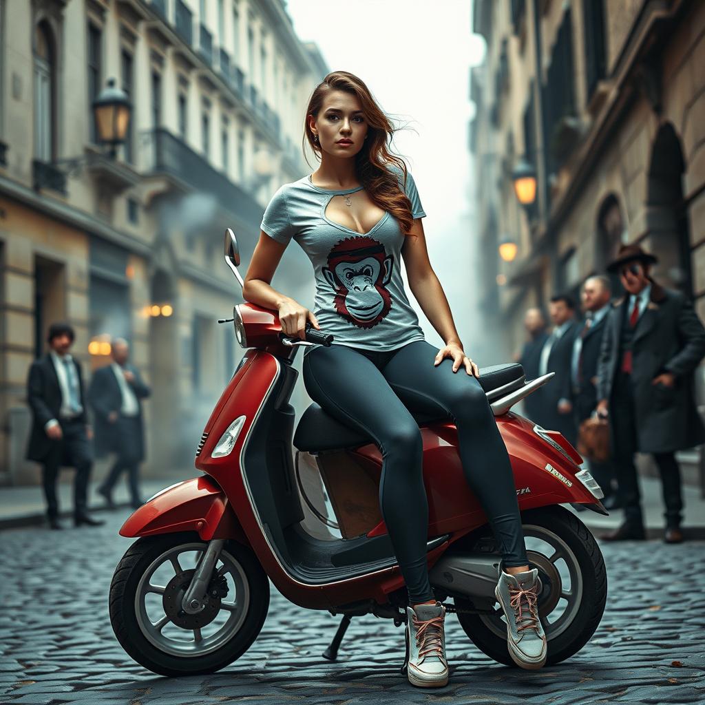 A steampunk scene featuring a woman wearing sports leggings and a t-shirt with a monkey logo, sitting confidently on a Vespa parked on a cobblestone street in an old European city