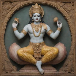 A grand depiction of Lord Vishnu, a central deity in Hinduism. He appears blissful, clad in traditional divine attire, holds the discus and conch shell in two of his four hands, while reclining on the serpentine Adisesha.