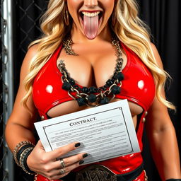 A close-up torso shot of a gorgeous female wrestler with a blonde mane, wearing shiny red wrestling gear adorned with numerous chains