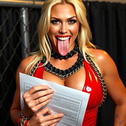 A close-up torso shot of a gorgeous female wrestler with a blonde mane, wearing shiny red wrestling gear adorned with numerous chains