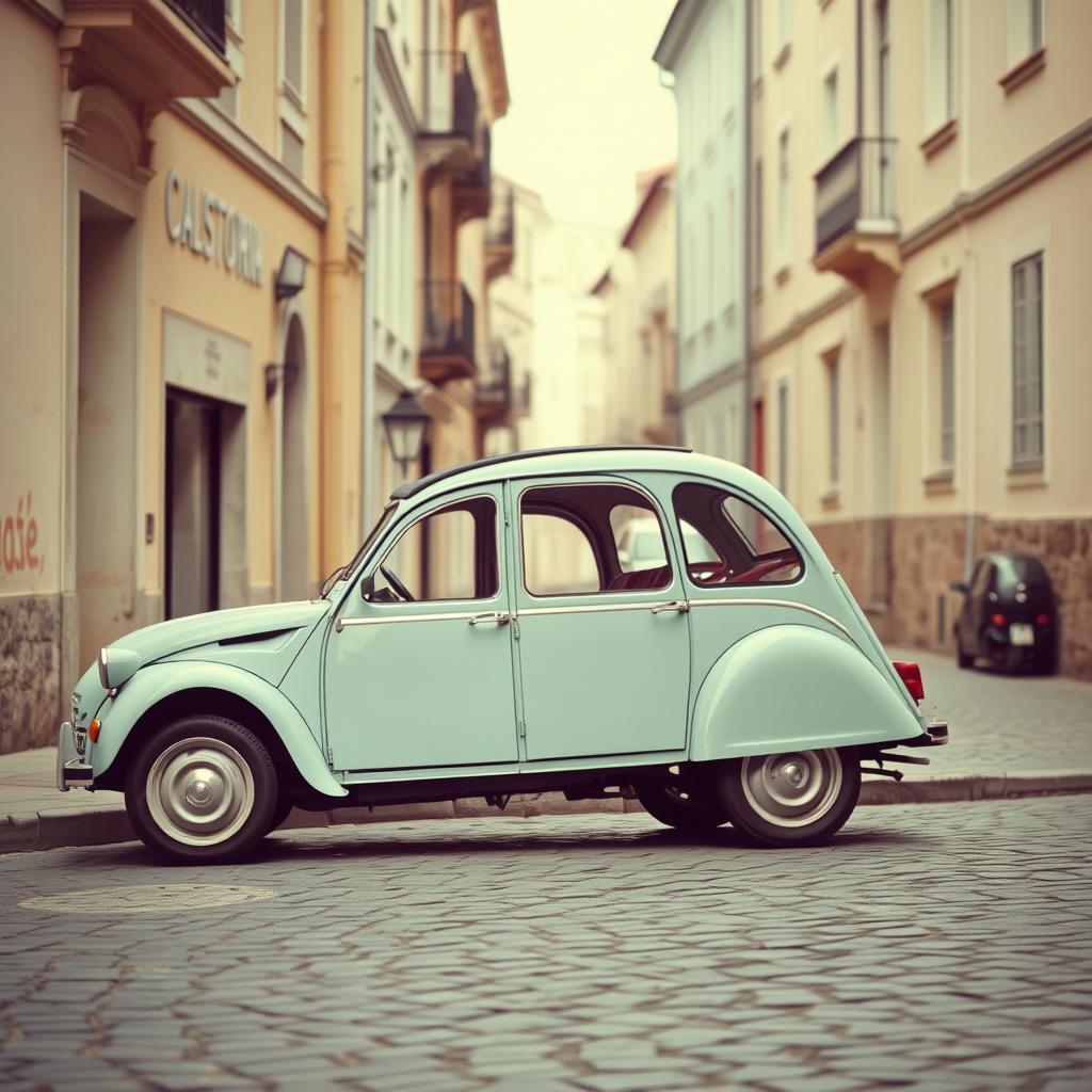 A classic Citroen 2CV photographed in a retro style, showcasing its iconic design