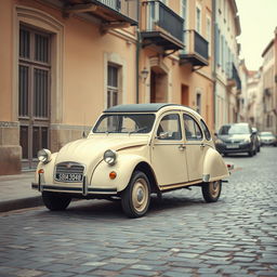 A classic Citroen 2CV photographed in a retro style, showcasing its iconic design