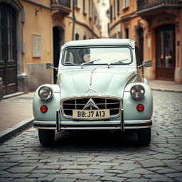 A classic Citroen 2CV photographed in a retro style, showcasing its iconic design