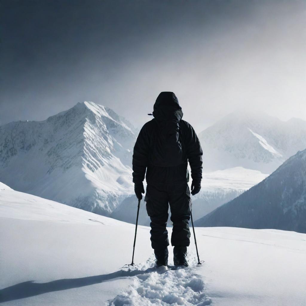 An atmospheric image featuring a shadowy figure of a man. He is clad in heavy-duty mountain gear, standing against a desolate and snowy mountain backdrop, evoking a sense of mysterious adventure.