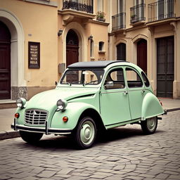 A classic Citroen 2CV photographed in a retro style, showcasing its iconic design