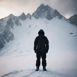 An atmospheric image featuring a shadowy figure of a man. He is clad in heavy-duty mountain gear, standing against a desolate and snowy mountain backdrop, evoking a sense of mysterious adventure.