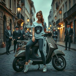 A steampunk scene featuring a girl wearing sports leggings and a t-shirt with a monkey logo, casually sitting on a Vespa parked on a cobblestone street in a European city