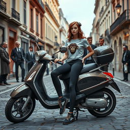 A steampunk scene featuring a girl wearing sports leggings and a t-shirt with a monkey logo, casually sitting on a Vespa parked on a cobblestone street in a European city