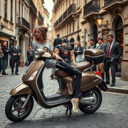 A steampunk scene featuring a girl wearing sports leggings and a t-shirt with a monkey logo, casually sitting on a Vespa parked on a cobblestone street in a European city