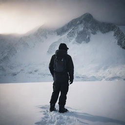 An atmospheric image featuring a shadowy figure of a man. He is clad in heavy-duty mountain gear, standing against a desolate and snowy mountain backdrop, evoking a sense of mysterious adventure.