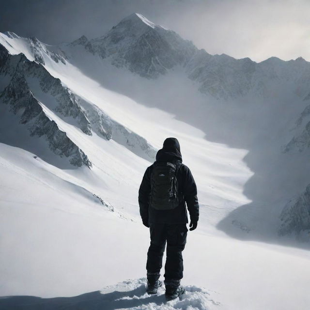 An atmospheric image featuring a shadowy figure of a man. He is clad in heavy-duty mountain gear, standing against a desolate and snowy mountain backdrop, evoking a sense of mysterious adventure.