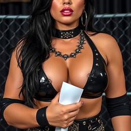 close-up torso shot of a gorgeous female wrestler with black hair, wearing shiny black wrestling gear adorned with lots of chains, and a spiked black collar