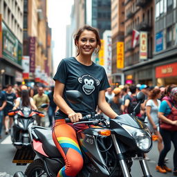 A lively street scene in New York City featuring a 25-year-old woman sitting on a motorcycle