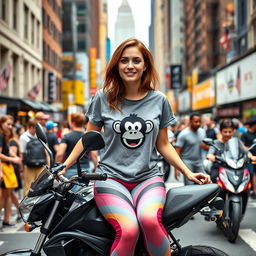 A lively street scene in New York City featuring a 25-year-old woman sitting on a motorcycle