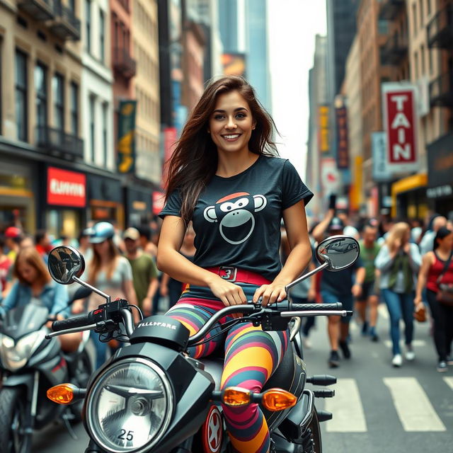 A lively street scene in New York City featuring a 25-year-old woman sitting on a motorcycle