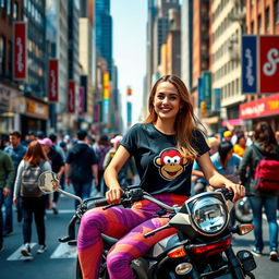 A lively street scene in New York City featuring a 25-year-old woman sitting on a motorcycle