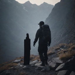 Reposition the shadowy figure clad in mountain gear to a dimly lit setting. The murkiness of the surroundings amplifies the man's enigmatic and adventurous aura.