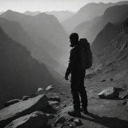 Reposition the shadowy figure clad in mountain gear to a dimly lit setting. The murkiness of the surroundings amplifies the man's enigmatic and adventurous aura.