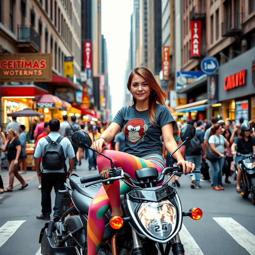 A lively street scene in New York City featuring a 25-year-old woman sitting confidently on a motorcycle