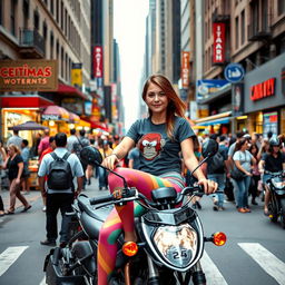 A lively street scene in New York City featuring a 25-year-old woman sitting confidently on a motorcycle